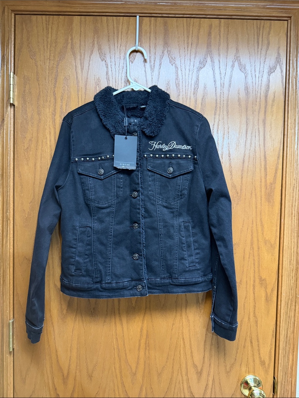 Harley-Davidson Black Denim Jacket with Sherpa Collar and Stud Details